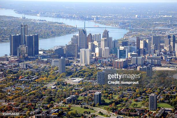 aerial view of detroit, michigan usa - detroit michigan stock pictures, royalty-free photos & images