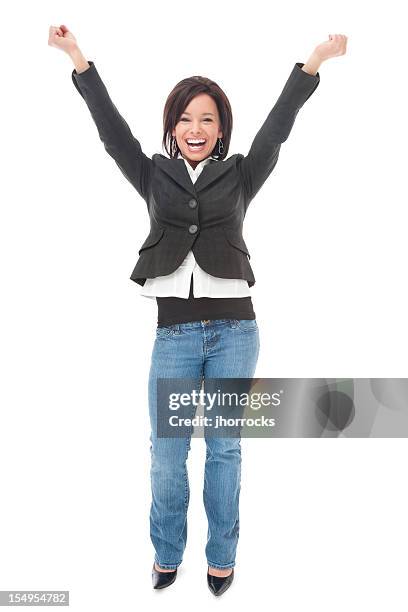 cheering businesswoman - grey trousers 個照片及圖片檔