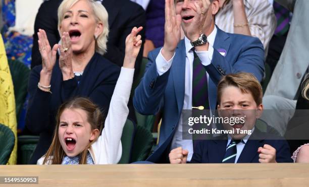 Princess Charlotte of Wales and Prince George of Wales watch Carlos Alcaraz vs Novak Djokovic in the Wimbledon 2023 men's final on Centre Court...