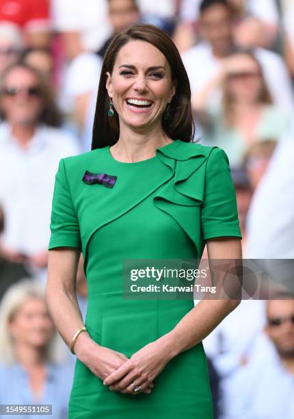 Catherine, Princess of Wales watches Carlos Alcaraz vs Novak Djokovic in the Wimbledon 2023 men's final on Centre Court during day fourteen of the...