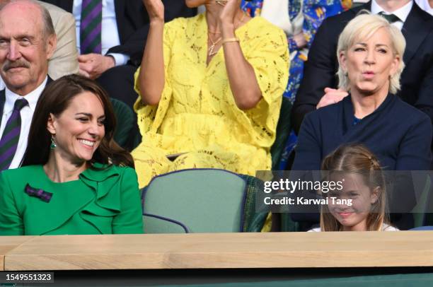 Catherine, Princess of Wales and Princess Charlotte of Wales watch Carlos Alcaraz vs Novak Djokovic in the Wimbledon 2023 men's final on Centre Court...