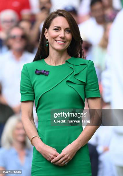 Catherine, Princess of Wales watches Carlos Alcaraz vs Novak Djokovic in the Wimbledon 2023 men's final on Centre Court during day fourteen of the...