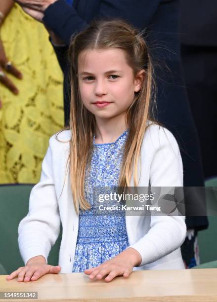 Princess Charlotte of Wales watches Carlos Alcaraz vs Novak Djokovic in the Wimbledon 2023 men's final on Centre Court during day fourteen of the...