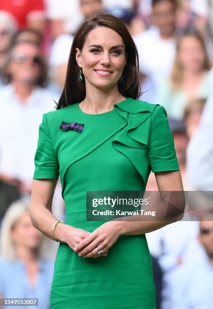 Catherine, Princess of Wales watches Carlos Alcaraz vs Novak Djokovic in the Wimbledon 2023 men's final on Centre Court during day fourteen of the...