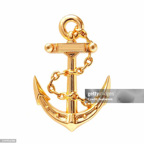 golden anchor (clipping path) isolated on white background - chain object stockfoto's en -beelden