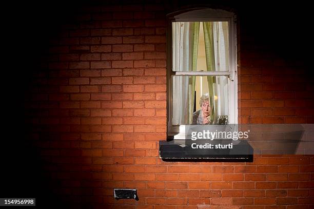 twitchy vorhang - old woman by window stock-fotos und bilder