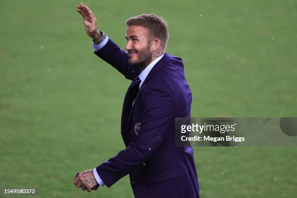Co-owner David Beckham reacts during "The Unveil" introducing Lionel Messi hosted by Inter Miami CF at DRV PNK Stadium on July 16, 2023 in Fort...