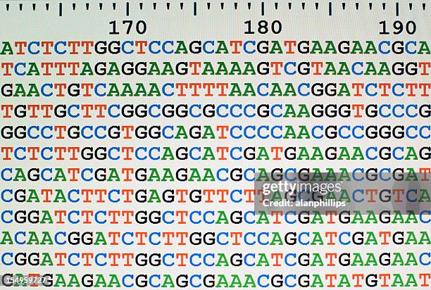 unaligned dna-sequenzen auf dem lcd-bildschirm mit zahlen waage - genome sequencing stock-fotos und bilder