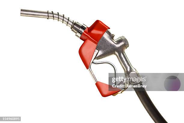 red gasoline pump nozzle on pure white background - fuel nozzle stock pictures, royalty-free photos & images