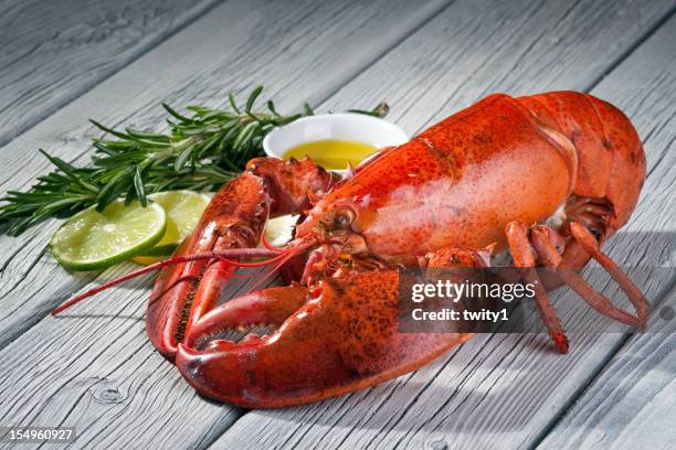 close-up of a lobster on a wood table - lobster seafood stock pictures, royalty-free photos & images