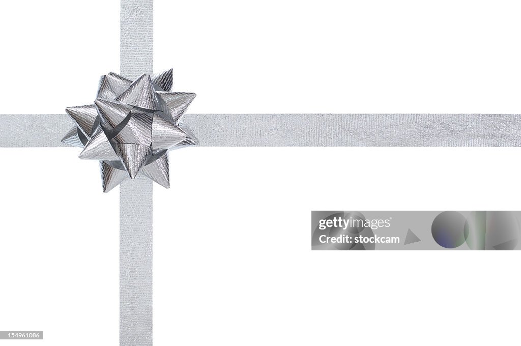 Silver present bow and ribbon, isolated on white