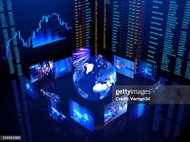 digital world business center in blue with lights - global media stockfoto's en -beelden