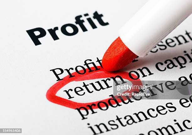 &quot;return&quot; ringed in red under heading &quot;profit&quot; on printed page - impact investing stock pictures, royalty-free photos & images