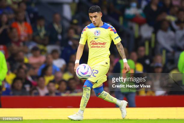 Leonardo Suarez of America runs with the ball during the 3rd round match between America and Puebla as part of the Torneo Apertura 2023 Liga MX at...