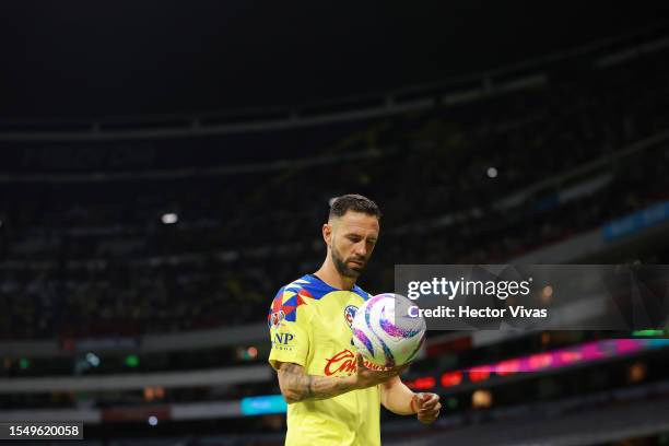 Miguel Layun of America looks on during the 3rd round match between America and Puebla as part of the Torneo Apertura 2023 Liga MX at Azteca Stadium...