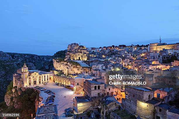 matera sassi cityscape by night, basilicata italy - matera stock pictures, royalty-free photos & images