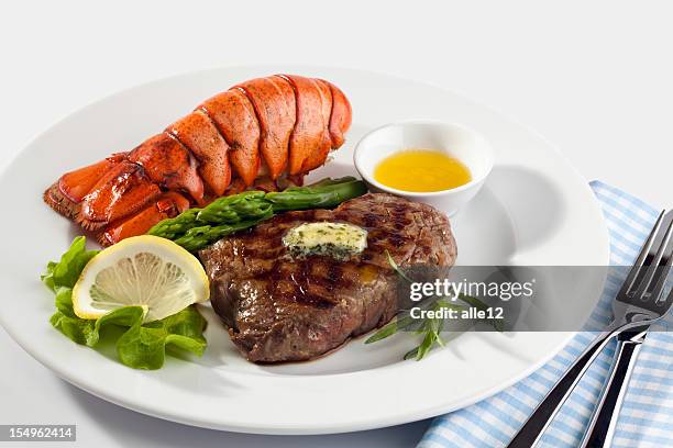 steak with lobster - cooked asparagus stock pictures, royalty-free photos & images