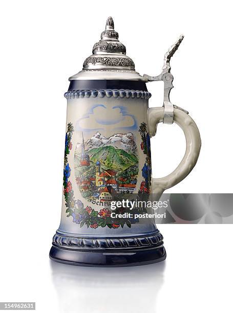 beer stein on white - beer stein stockfoto's en -beelden