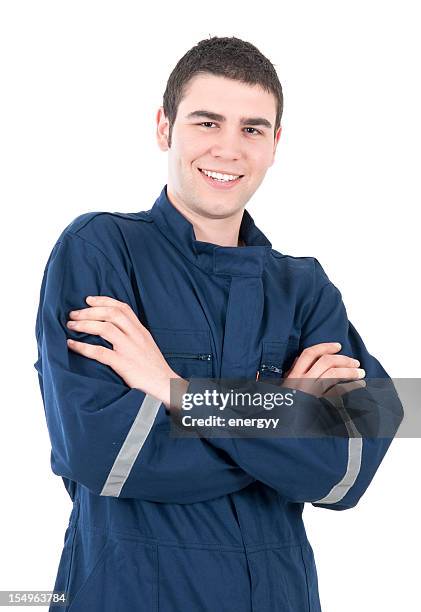 young worker on white background - overall stock pictures, royalty-free photos & images