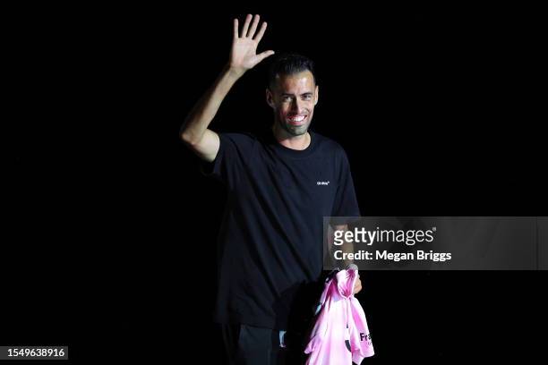 Sergio Busquets reacts during "The Unveil" introducing Lionel Messi hosted by Inter Miami CF at DRV PNK Stadium on July 16, 2023 in Fort Lauderdale,...