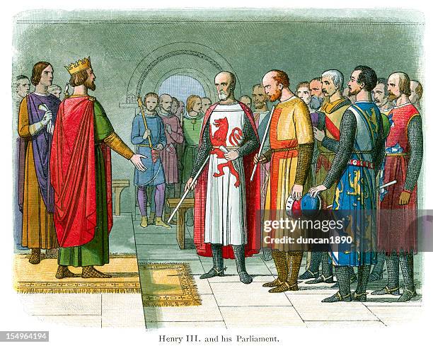 king henry iii and his parliament - circa 13th century stock illustrations