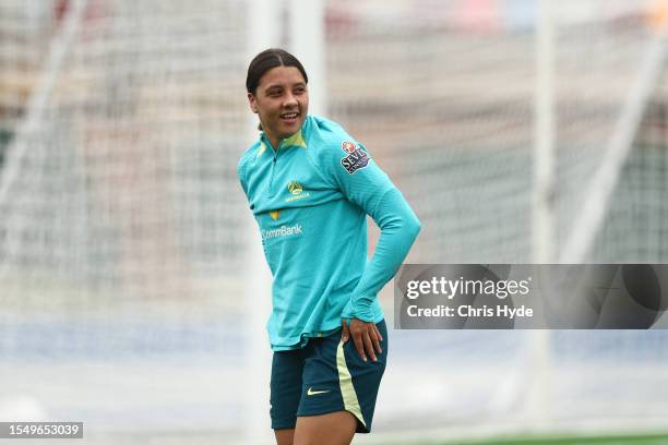 Sam Kerr during an Australia Matildas training session ahead of the FIFA Women's World Cup Australia & New Zealand 2023 Group B match between...