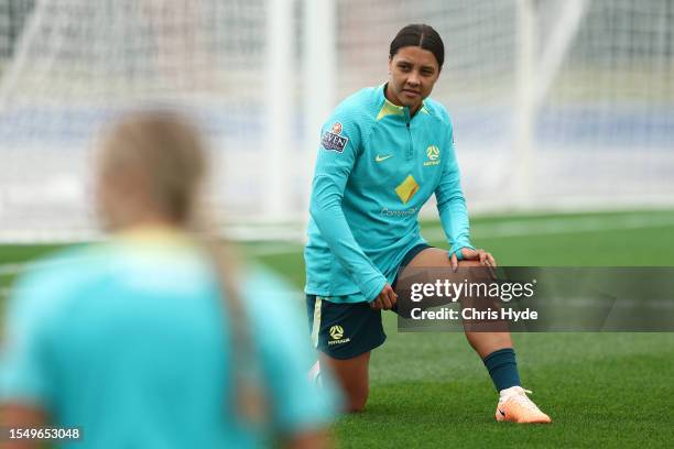 Sam Kerr during an Australia Matildas training session ahead of the FIFA Women's World Cup Australia & New Zealand 2023 Group B match between...