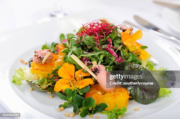 rocket salad with baby squid and saffron shrimp - edible flower stock pictures, royalty-free photos & images