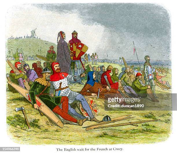 ilustraciones, imágenes clip art, dibujos animados e iconos de stock de inglés soldados esperar el francés en crecy - hundred years war