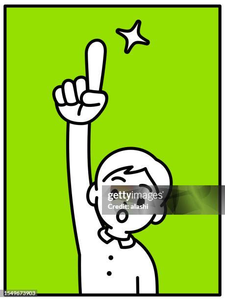 a boy points to the top and explains, looking at the viewer, making a point, minimalist style, black and white outline - pointing at camera stock illustrations