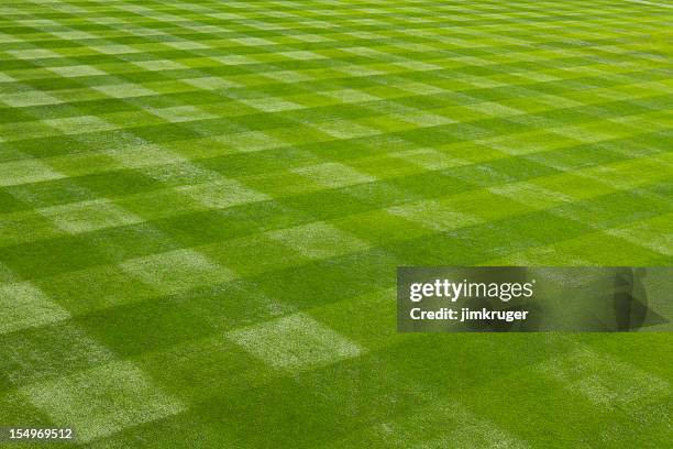 perfectly mown grass at the ball field. - mowed lawn stock pictures, royalty-free photos & images