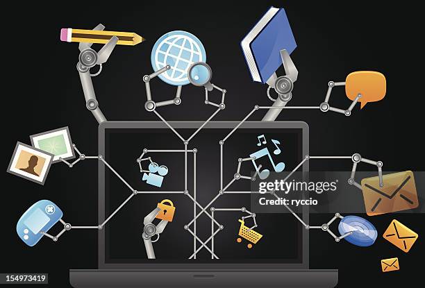 multitasking laptop - multiple computer screens stock illustrations
