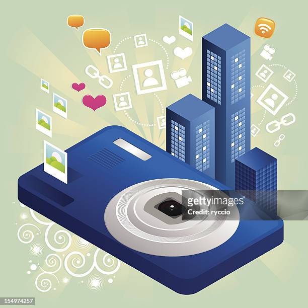 compact camera with skyscrapers isometric - point and shoot camera stock illustrations