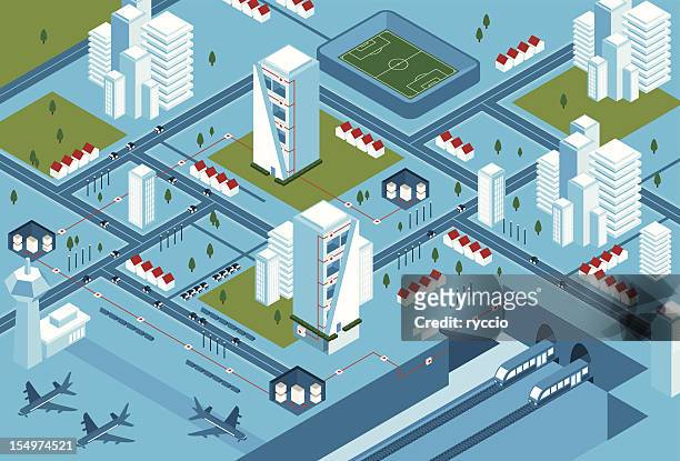 complex energy city - isometric town stock illustrations
