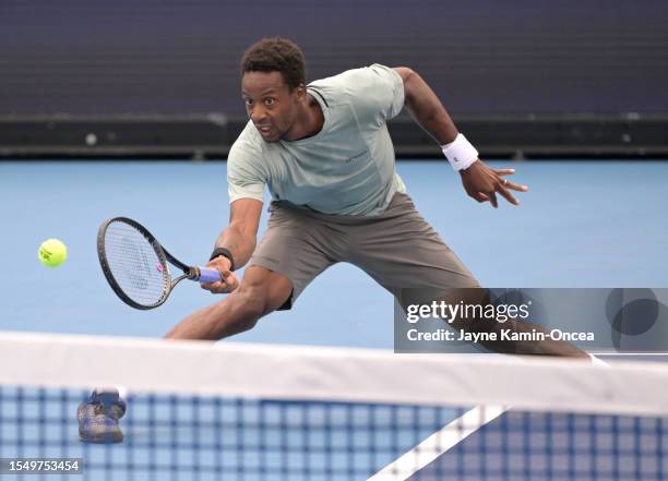 Gael Monfils plays a point in his semi-final match against Taylor Fritz during the Ultimate Tennis Showdown at Dignity Health Sports Park on July 23,...