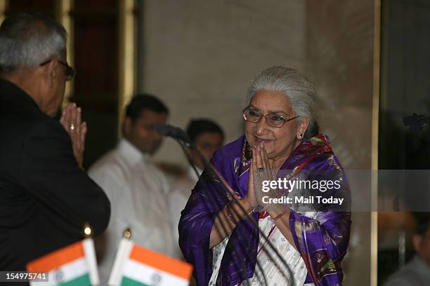 Chandresh Kumari Katoch being sworn-in as cabinet minister for culture by President Pranab Mukherjee during the swearing-in ceremony at Rashtrapati...