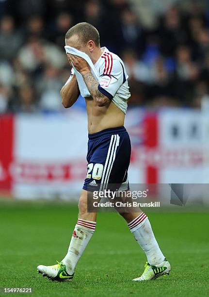 Jay Spearing of Bolton Wanderers looks dejected during the npower Championship match between Bolton Wanderers and Bristol City at Reebok Stadium on...