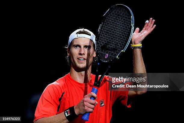 Andreas Seppi of Italy celebrates victory against Martin Klizan of Slovakia during day 1 of the BNP Paribas Masters at Palais Omnisports de Bercy on...