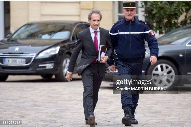 French steel tube specialist Vallourec's Chairman of the Management Board, Philippe Crouzet arrives at the Hotel Matigon in Paris, before a meeting...