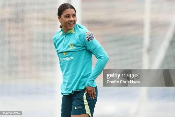 Sam Kerr during an Australia Matildas training session ahead of the FIFA Women's World Cup Australia & New Zealand 2023 Group B match between...