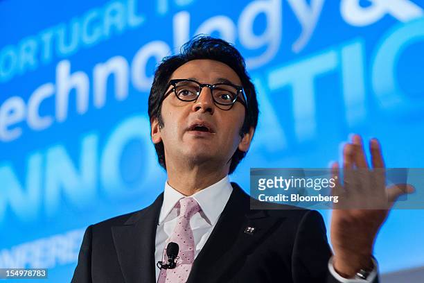 Zeinal Bava, chief executive officer of Portugal Telecom SGPS, gestures while speaking to the media during a news conference at the Technology and...