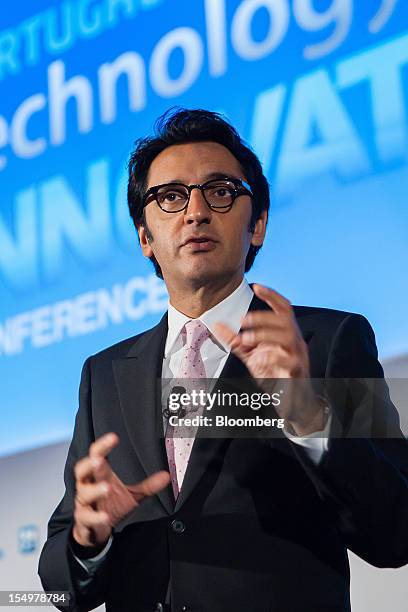 Zeinal Bava, chief executive officer of Portugal Telecom SGPS, gestures while speaking to the media during a news conference at the Technology and...