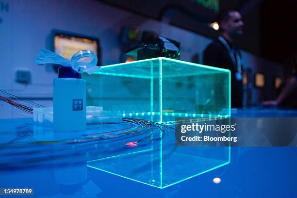 Fibre optic cables sit on display at a demonstration stand in the Portugal Telecom SGPS showroom at the Technology and Innovation conference in...