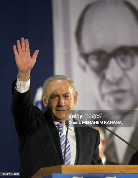 Israeli Prime Minister and Chairman of the Likud party Benjamin Netanyahu waves to the crowd during the Likud partys central convention on October...