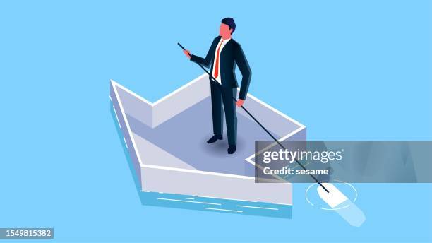 exploring the way forward, finding goals for business or career development, charting a course forward, businessmen standing in an arrow boat paddling forward - friends kayaking stock illustrations