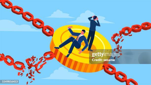 chain of funds and supply chain issues, chain of funds breaks, investment risks, risks and weaknesses in business development, business management issues, chain breaks in locking up gold coins - value chain stock illustrations