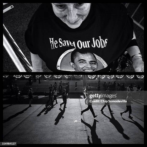 In this diptych, TOP: A supporter of U.S. President Barack Obama wears a t-shirt that says, "He Saved Our Jobs" during a campaign rally at Cleveland...
