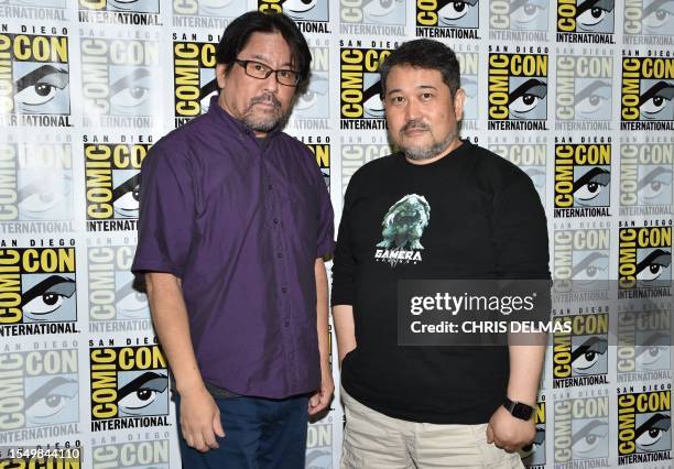 Japanese Kaiju designer Kan Takahama and Japanese director Hiroyuki Seshita attend the press line for "Gamera Rebirth" during San Diego Comic-Con...