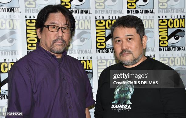 Japanese Kaiju designer Kan Takahama and Japanese director Hiroyuki Seshita attend the press line for "Gamera Rebirth" during San Diego Comic-Con...
