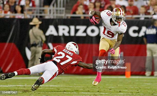 Receiver Ted Ginn Jr. #19 of the San Francisco 49ers avoids the tackle of Michael Adams of the Arizona Cardinals during the second quarter of an NFL...